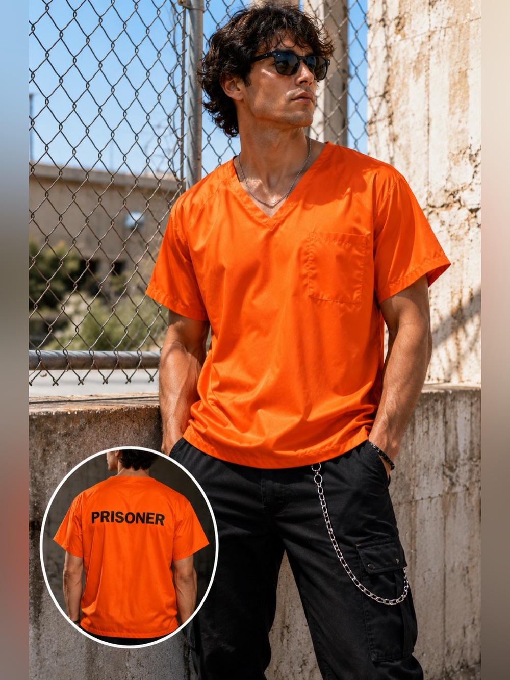 Orange Prisoner Costume Top Halloween Convict Shirt Cosplay Unisex Women Men XL - Picture 5 of 12